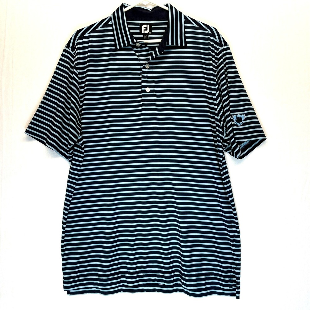 FootJoy Mens Polo Size Large Golf Shirt Blue Striped Collared Leaf Logo